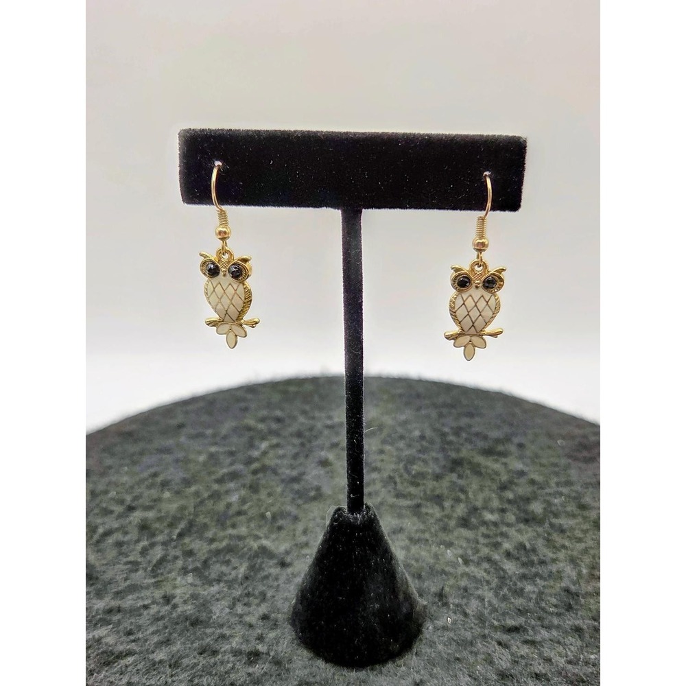 Gold Tone Owl White Enamel Body Black Beaded Eyes Earrings